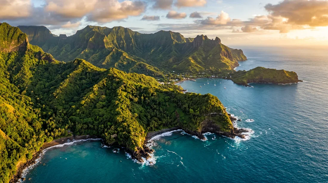 Vue aérienne spectaculaire des falaises volcaniques des îles Marquises au coucher du soleil