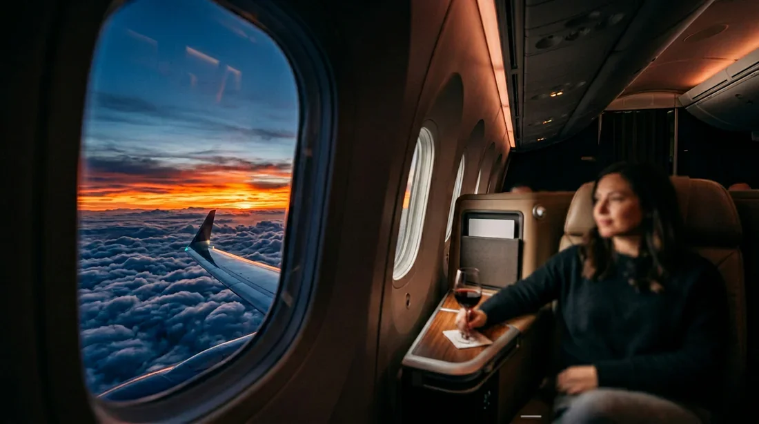 Vue imprenable depuis le hublot d'un avion Transavia au-dessus des nuages au coucher du soleil