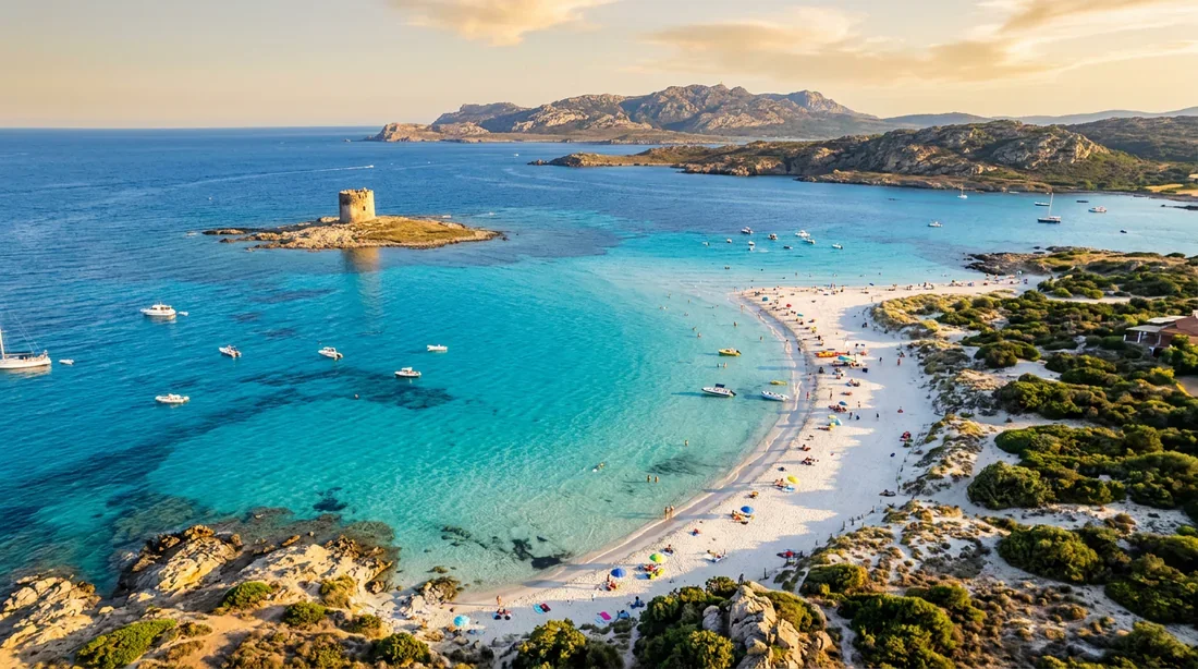 Vue panoramique époustouflante de la plage La Pelosa en Sardaigne sous une lumière dorée