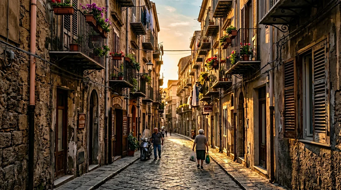 Vue panoramique des ruelles historiques et ombragées de Palerme au crépuscule