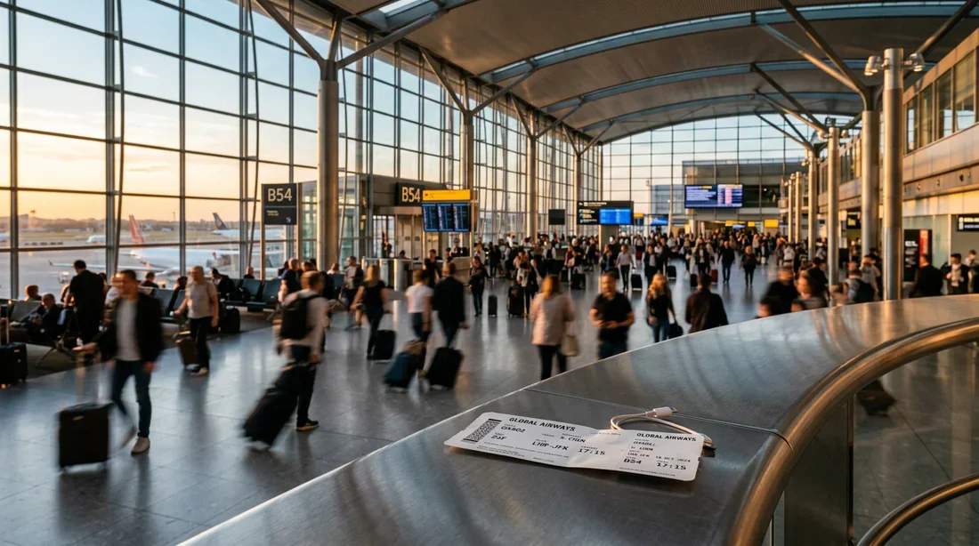 Vue cinématographique d'un hall d'aéroport avec une ambiance de voyage élégante.