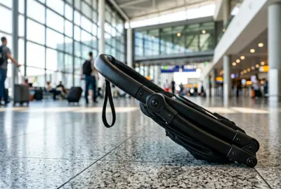 Détail épuré d'une poussette de voyage pliée dans un terminal d'aéroport.