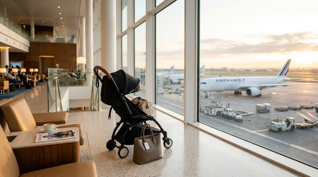 Une poussette moderne dans un salon d'aéroport luxueux avec vue sur les pistes.